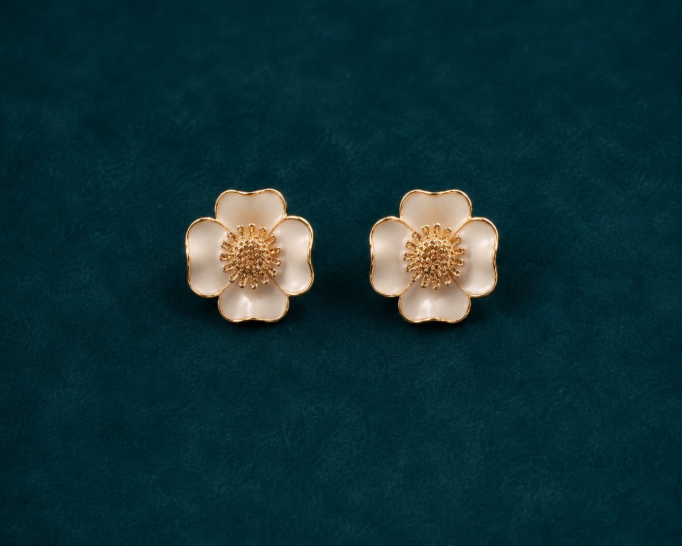 White Flower Stud Earrings — Gold Enamel Finish