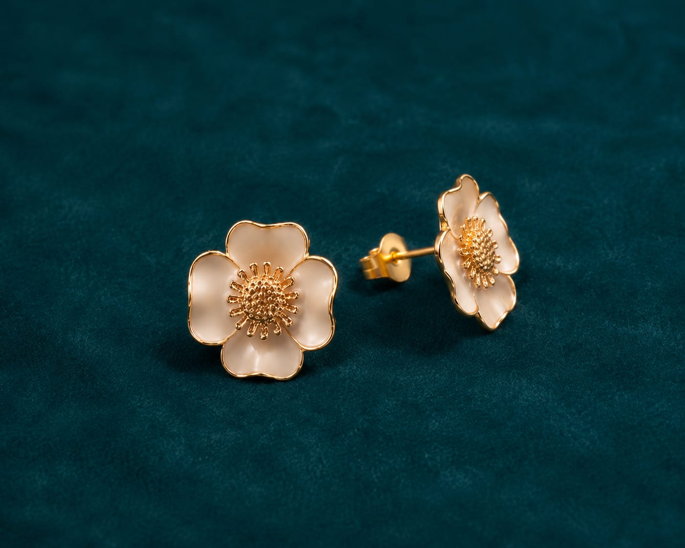 White Flower Stud Earrings — Gold Enamel Finish