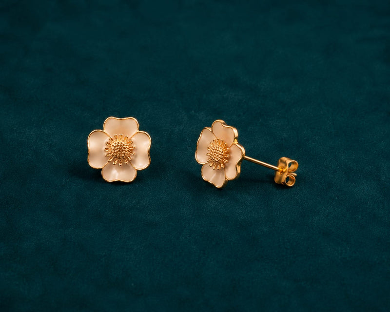 White Flower Stud Earrings — Gold Enamel Finish
