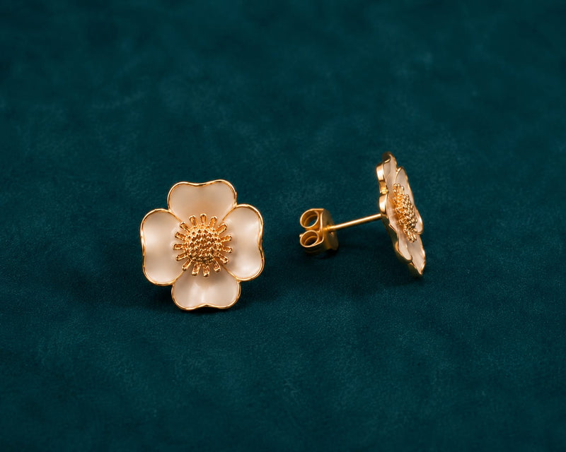 White Flower Stud Earrings — Gold Enamel Finish
