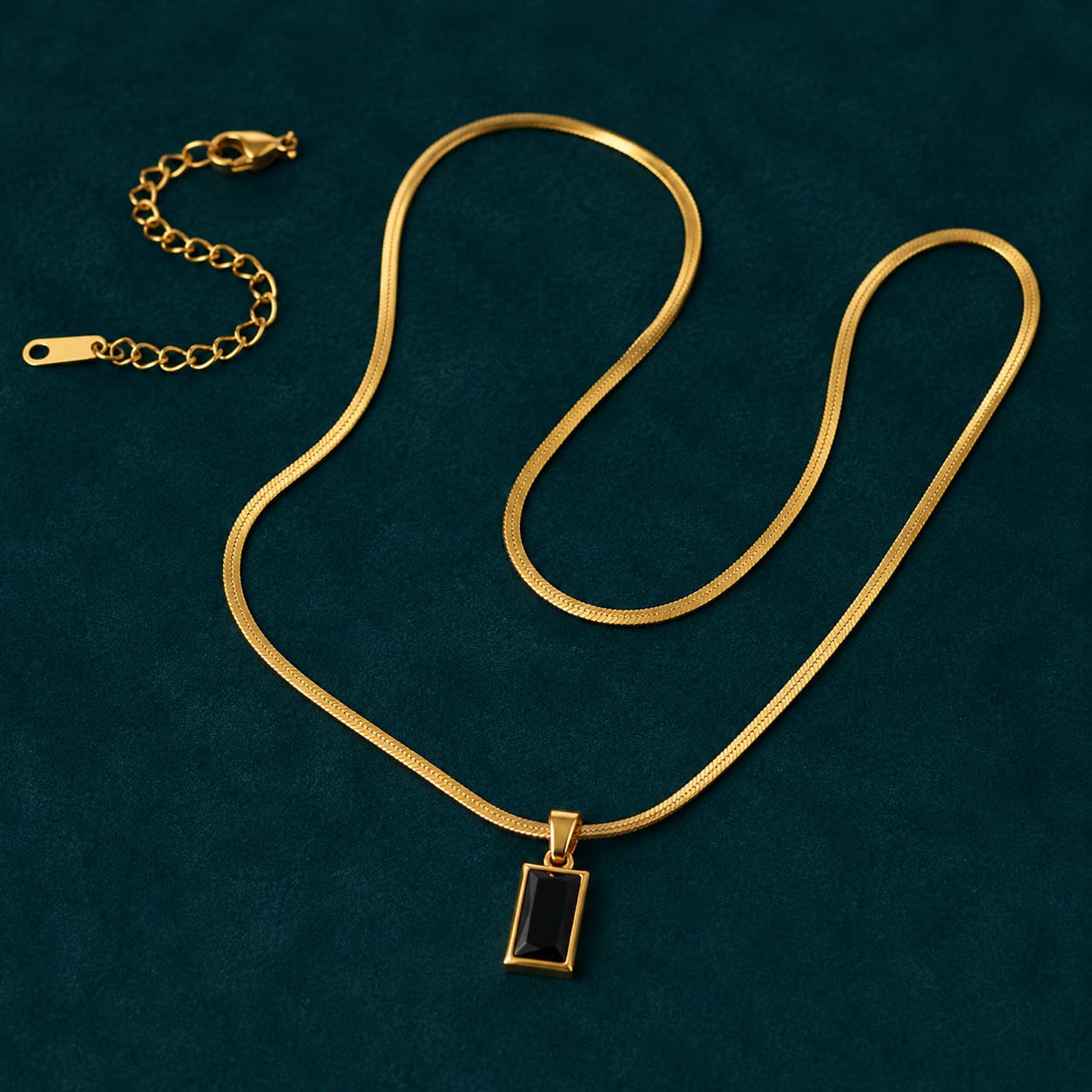 Black Onyx Pendant Necklace — Gold Herringbone Chain