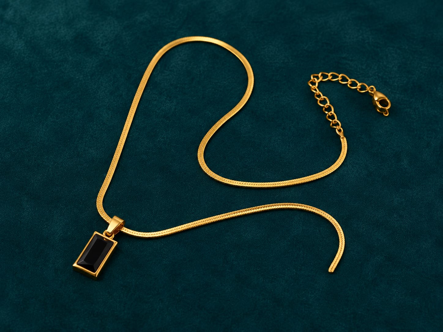 Black Onyx Pendant Necklace — Gold Herringbone Chain