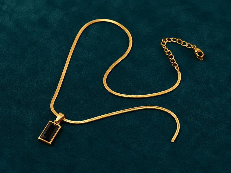 Black Onyx Pendant Necklace — Gold Herringbone Chain