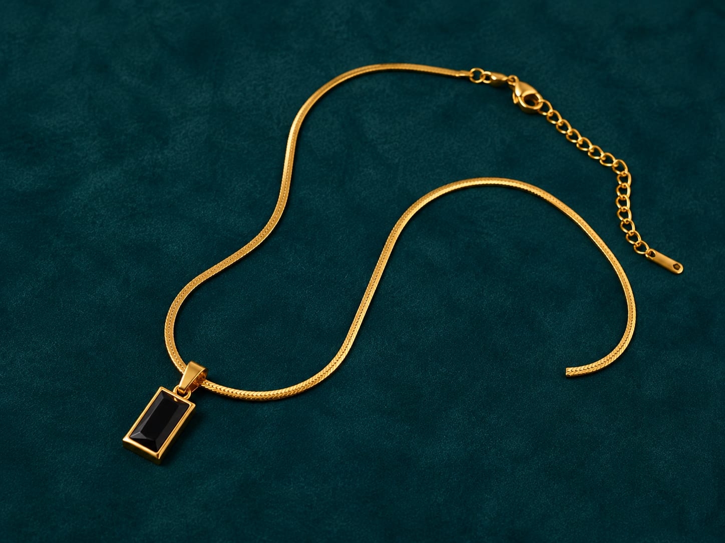 Black Onyx Pendant Necklace — Gold Herringbone Chain