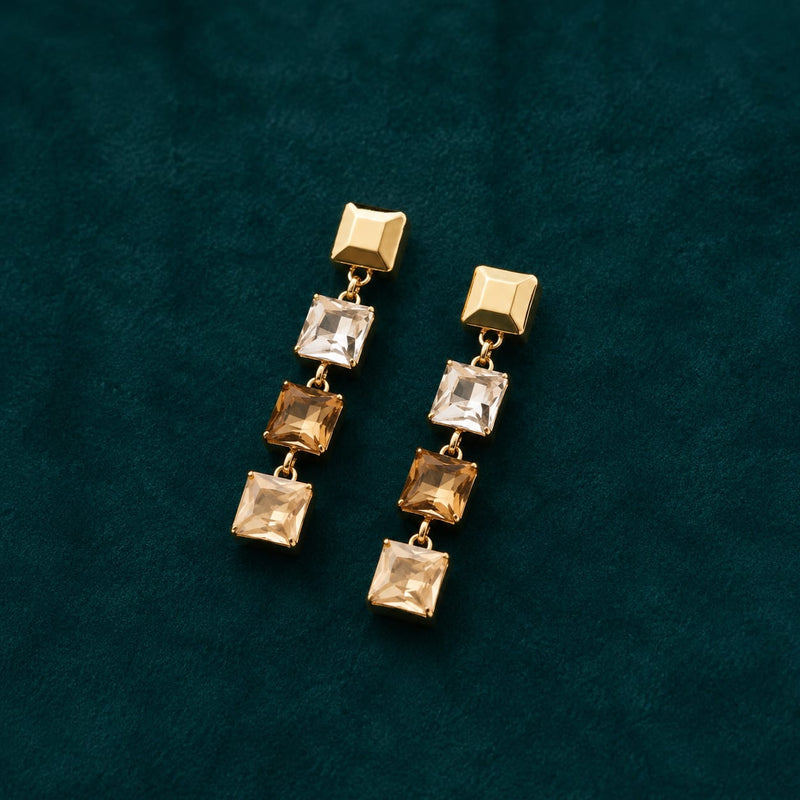 Square Crystal Drop Earrings — Gold Champagne Tone