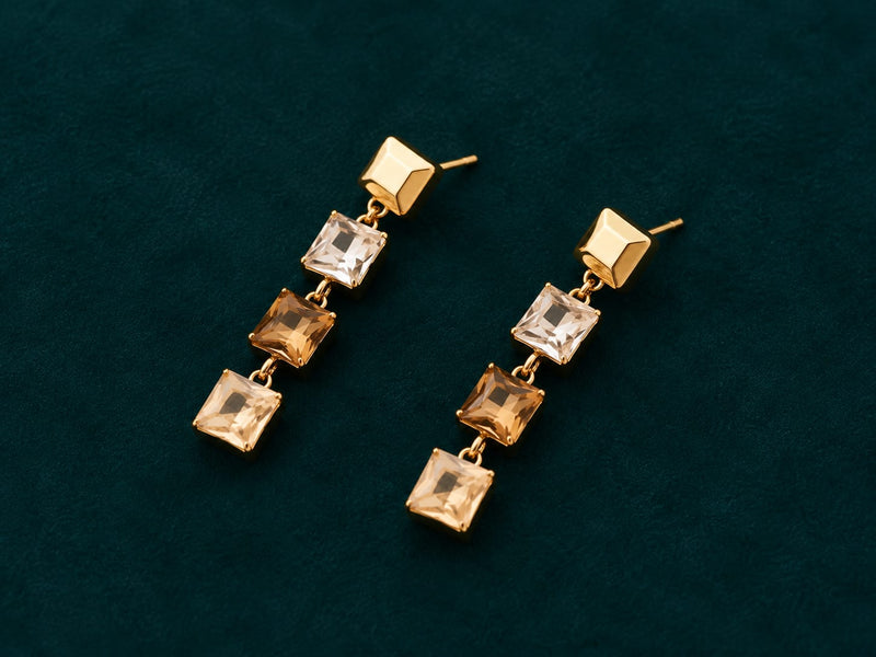 Square Crystal Drop Earrings — Gold Champagne Tone